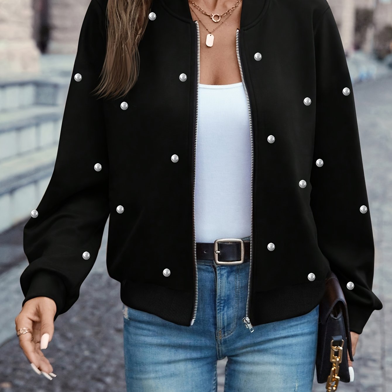 Beaded Zipper Bomber Jacket