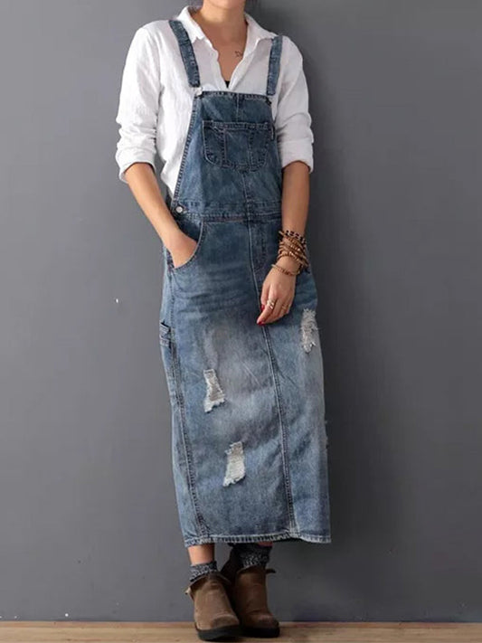 Harper Distressed Denim Overalls Dress