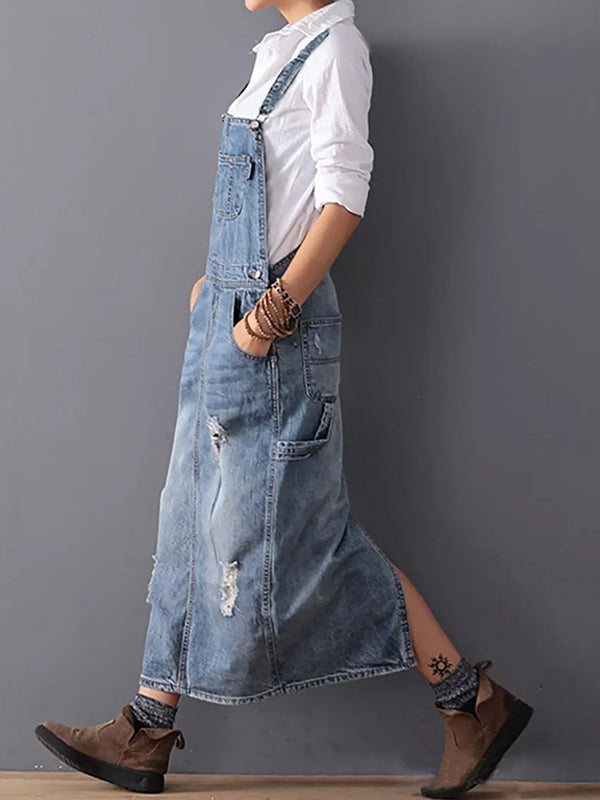 Harper Distressed Denim Overalls Dress