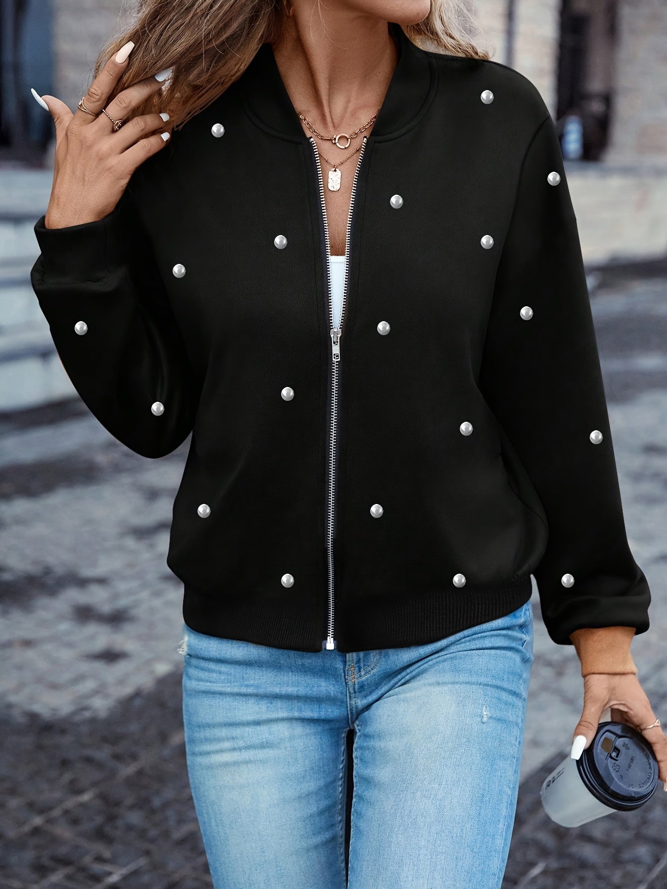Beaded Zipper Bomber Jacket