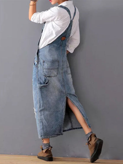 Harper Distressed Denim Overalls Dress
