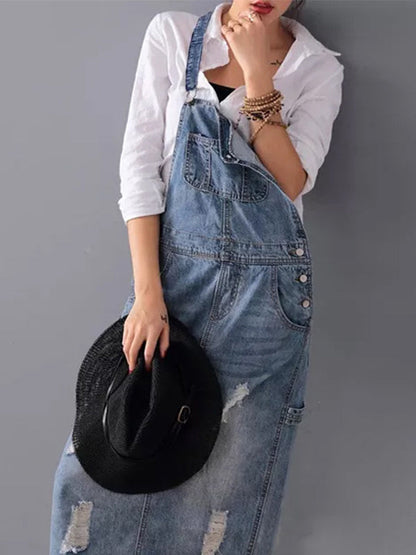 Harper Distressed Denim Overalls Dress