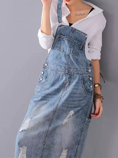 Harper Distressed Denim Overalls Dress