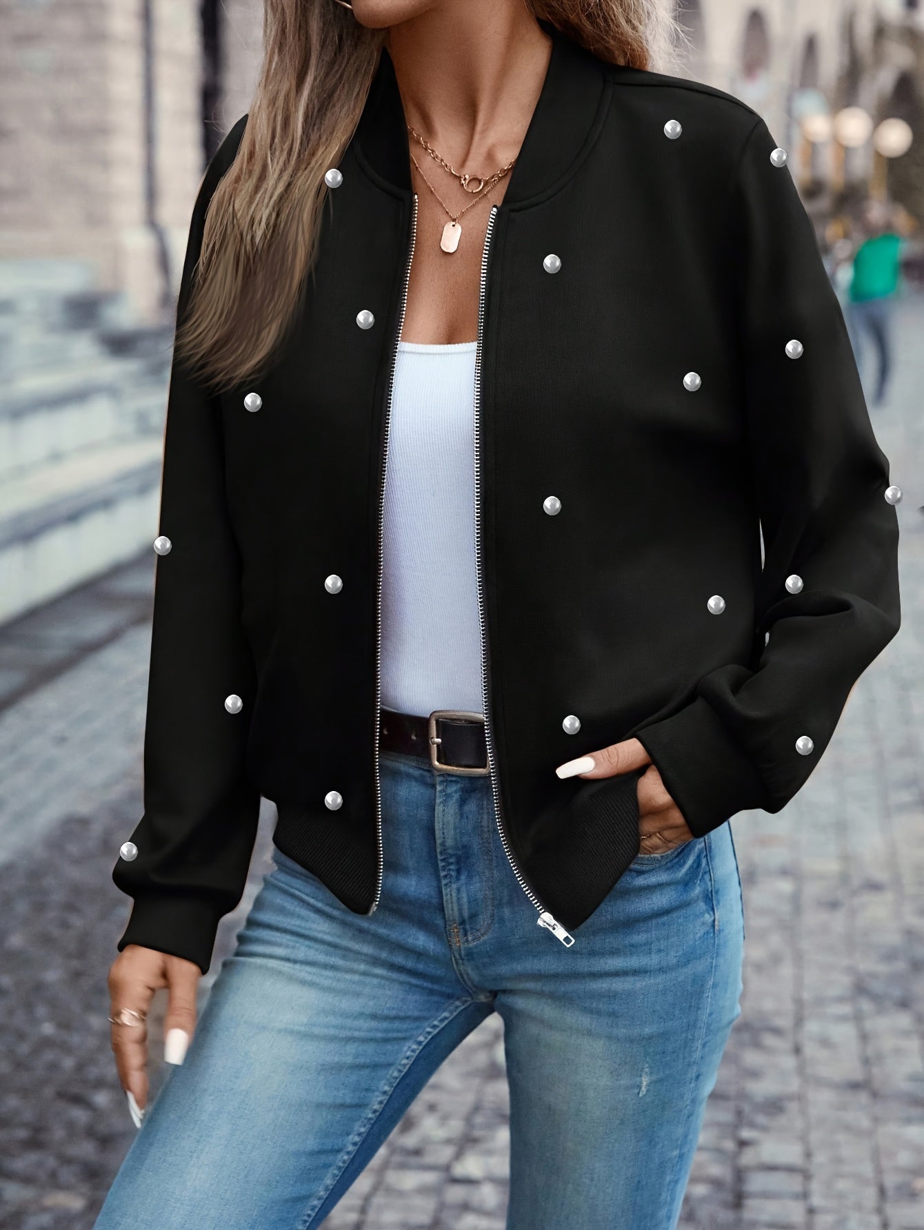 Beaded Zipper Bomber Jacket