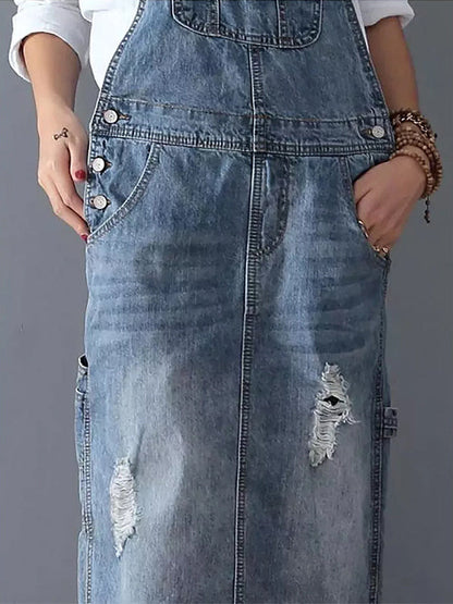 Harper Distressed Denim Overalls Dress