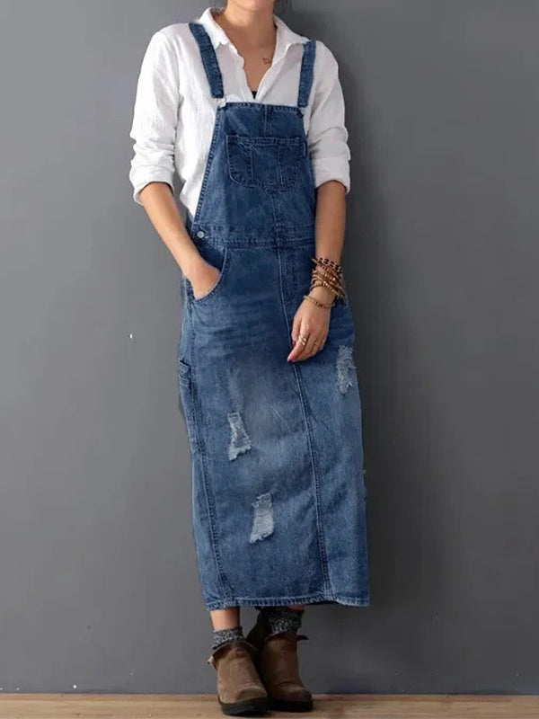 Harper Distressed Denim Overalls Dress