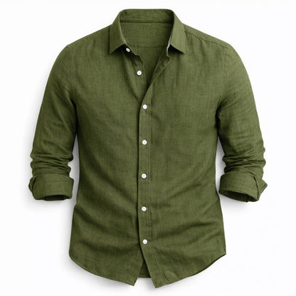 Green button-up shirt on a white background