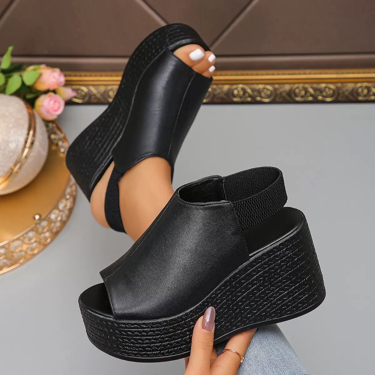 Delphine Leather Wedge Sandals