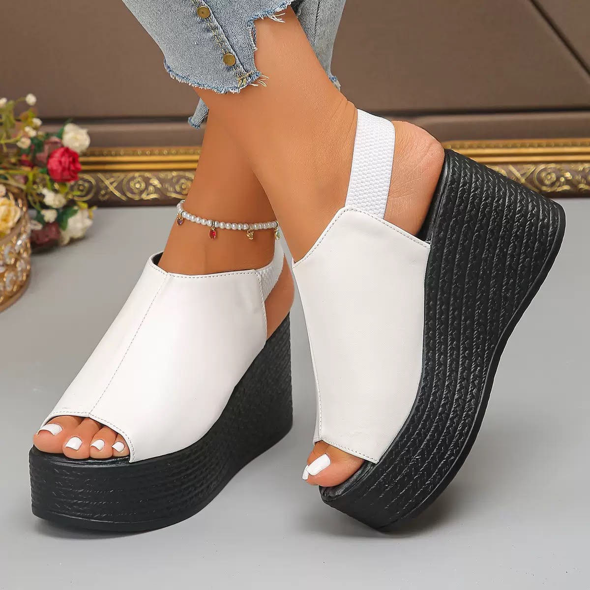 Delphine Leather Wedge Sandals