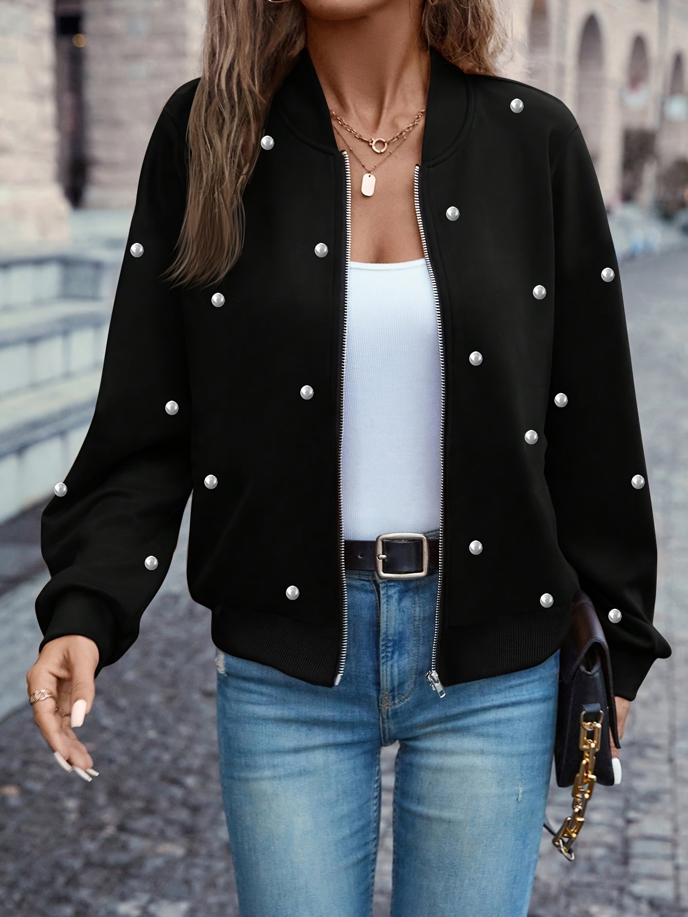 Beaded Zipper Bomber Jacket